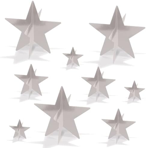 Beistle 3-D Foil Star Centerpieces, 9-Pack Silver Cardstock Table Decorations for Awards Night Themes, New Year’s Eve, Anniversary Parties and Elegant Celebration Displays, Three Sizes 3", 5½", 8" by Beistle