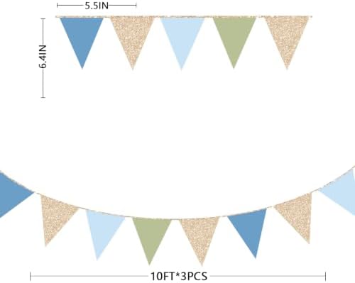 Champagne Gold Dusty Blue Sage Green Pennant Banner Flag Olive Green Blue Hanging Glitter Paper Triangle Bunting for Birthday Wedding Shower Silly Goose Themed Party Decorations Supplies - Image 2