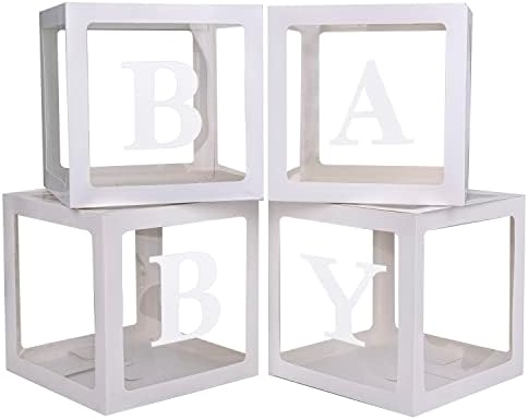 Baby Boxes with 4 PCS Letters for Baby Shower White Clear Balloon Box Blocks Gender Reveal Decorations and Birthday Party (White) by PABUES