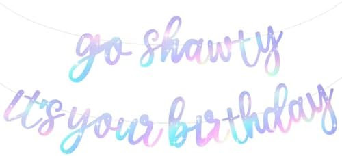 BEISHIDA Iridescent Go Shawty It's Your Birthday Banner - NO DIY - Hip Hop Theme Glitter Happy Birthday Banner - Pre-Strung - Black Rap Theme Happy Birthday Sign for Man Women birthday Party Supply by Beishida