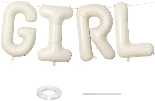 40 Inch Cream Girl Balloons, Large Beige Neutral Letters With Ribbon, Ivory White Sand for Her Birthday Baby Shower or Gender Reveal Party Decoration Supplies by Lingqiang
