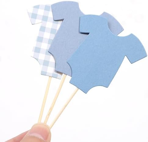 Blue Gingham Baby Shower Bodysuit Cupcake Topper,Blue Gingham Cake Topper - Image 6