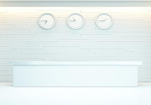 White Modern Office Reception Desk Three World Clocks Backdrop Clean Corporate Lobby Interior Background Business Theme Party Decorations Photo Studio Props 9X6ft Fabric by Unknown