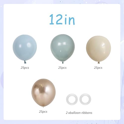 100pcs Dusty Blue Balloon Set | 12-Inch Baby Slate Blue, Sand White & Champagne Gold Confetti Balloons | Elegant Decor for Baby Shower, Wedding, Graduation & Boys' Birthday (2 Ribbons) - Image 3