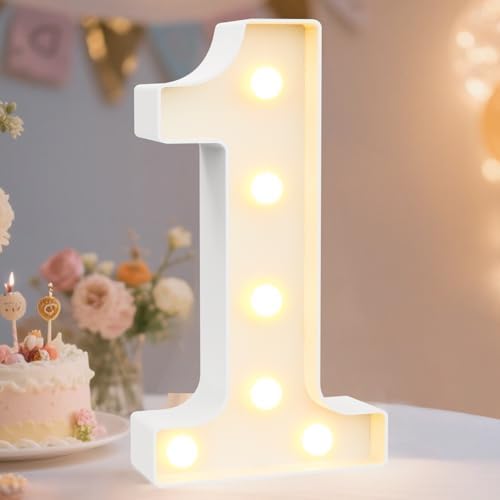 Pooqla Decorative Led Light Up Number Letters, White Plastic Marquee Number Lights Sign Party Wedding Decor Battery Operated Number (1) by Pooqla