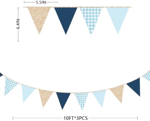 Navy Blue Champagne Gold Dusty Blue Buffalo Plaid Pennant Banner Flag Hanging Glitter Paper Triangle Bunting for Birthday Wedding Shower Bachelor Retirement Nautical Party Decorations Supplies - Image 2