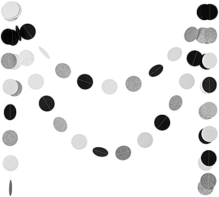 WEVEN Black White Silver Glitter Paper Garland Circle Dot Streamer Banner for Graduation Bridal Shower Wedding Birthday Party Decorations, 2.5" in Diameter, 20 Feet in Total - Image 2