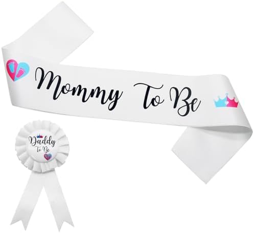 MILVOWOC 2 Pack Baby Shower Sash Set - White Satin Mommy to Be Sash & Daddy to Be Badge, Gender Reveal Gift & Pregnancy Party Decorations with Adjustable Ribbon, Baby Shower Decor by MILVOWOC