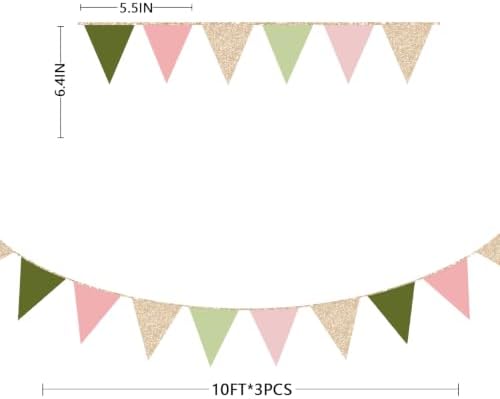 Sage Green Dusty Rose Pink Champagne Gold Pennant Banner Flag Hanging Glitter Paper Triangle Bunting for Jungle Safari Woodland Themed Birthday Wedding Wild Party Decorations Supplies - Image 2
