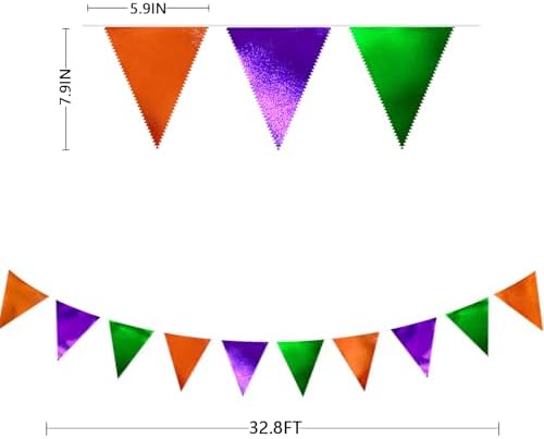 Halloween Party Decorations Metallic Fabric Green Orange Purple Triangle Pennant Banner Flag Bunting for Trick or Treat Spooky Hey Boo Happy Halloween Holiday Birthday Baby Shower Party Supplies - Image 2