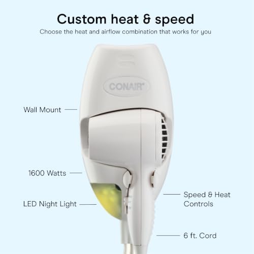 Conair Wall Mount Hair Dryer, Built-In LED Night Light, 1600W, White - Image 4