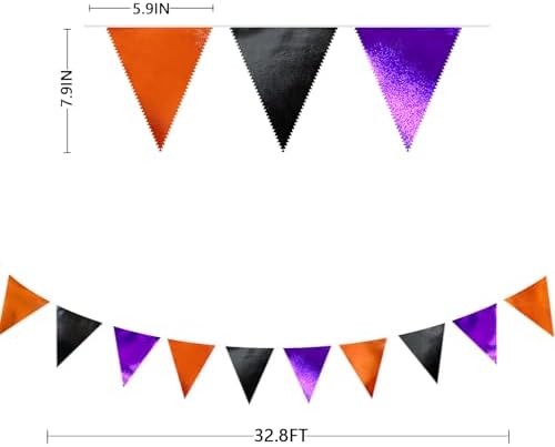 Black Orange Purple Halloween Party Decorations Metallic Fabric Triangle Pennant Banner Flag Bunting Garland for Birthday Baby Shower Bachelorette Trick or Treat Halloween Holiday Party Supplies - Image 2