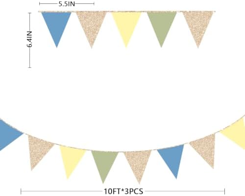 Champagne Gold Dusty Blue Sage Green Yellow Pennant Banner Flag Olive Green Macaron Yellow Blue Hanging Glitter Paper Triangle Bunting for Birthday Wedding Shower Hen Party Decorations Supplies - Image 2