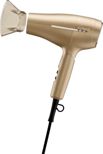 Conair 1875W Worldwide Travel Hair Dryer – Dual Voltage, Folding Handle, Ionic Technology – Champagne Compact Travel Blow Dryer for International Use by conair