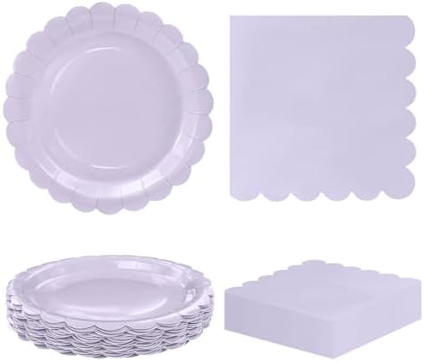 HEIPINIUYE 50 Pcs Light Purple Paper Plates and Napkins Party Supplies Include 7'' Lavender Scalloped Plates and 6.5'' Paper Napkins Disposable Tableware Set for Wedding Birthday Party (Serves 25) by HEIPINIUYE