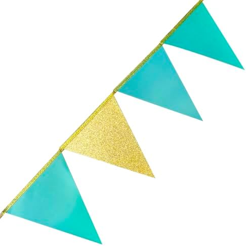 Teal Aqua Blue and Gold Party Decorations Pennant Banner Flag Hanging Glitter Paper Triangle Bunting for Birthday Graduation Bridal Shower Wedding Engagement Turquoise Party Decor Supplies - Image 5