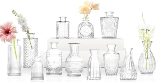 Bud Vases Set of 12,Glass Bud Vases in Bulk,Small Flower Vases for Centerpieces,Mini Vintage Vase for Wedding, Home Table Decor,Christmas,Party Decoration,Clear by Paudao