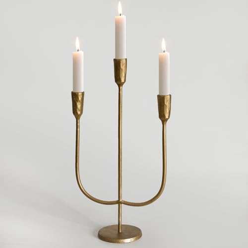 3-Candle Cast Iron Metal Candelabra Candlestick Holders 15 inch Tall Candle Holder Wedding Event Candelabra Candle Stand Brass Gold by SUJUN