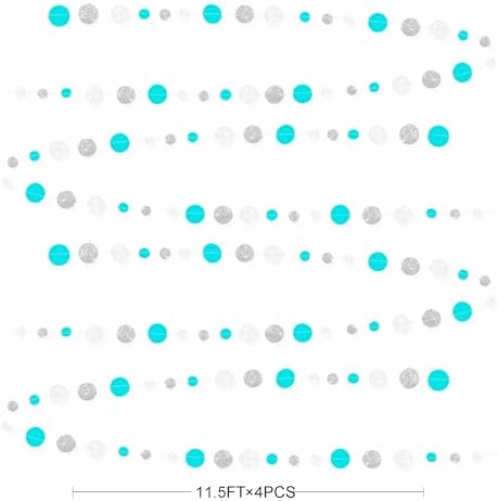 Teal Blue Silver White Party Polka Dot Garland Banner Aqua Turquoise Glitter Silver White Hanging Paper Circle Dots Streamer for Birthday Wedding Bridal Shower Party Decorations Supplies - Image 2