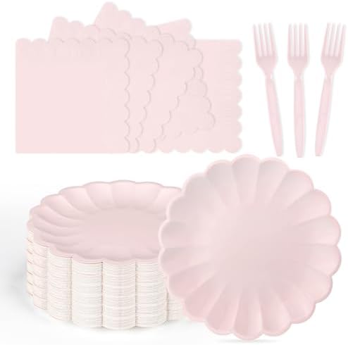 75 Pcs Pink Paper Plates and Napkins, Tableware Set Serve for 25 Guests by Unknown