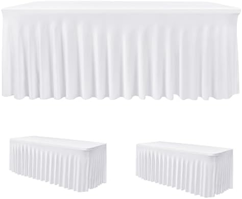 2 Pack White Spandex Table Covers 8ft Rectangle Ruffle Skirts for Party by HolidayIdeas
