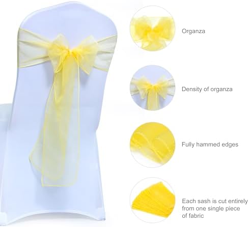 MDS Pack of 10 Organza Chair Sashes for Wedding & Event Décor – Yellow - Image 6