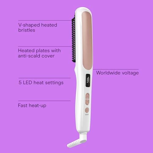 Conair Double Ceramic Hair Straightener Brush, Heated Straightening Brush for Smooth, Shiny Hair, V-Shaped Heated Bristles for Closer Contact, 5 LED Heat Settings, Dual Voltage, White - Image 2
