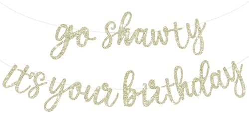 BEISHIDA Light Gold Go Shawty It's Your Birthday Banner - NO DIY - Hip Hop Theme Glitter Happy Birthday Banner - Pre-Strung - Black Rap Theme Happy Birthday Sign for Man Women birthday Party Supply by Beishida