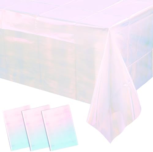 3 Pack Iridescent White Plastic Tablecloth, Shiny White Disposable Laser Rectangle Table Covers, Holographic Foil Tablecloth Party Decorations for Birthday Bridal Wedding Banquet, 40 x 108 Inch by EnjoyYourFunnyParties
