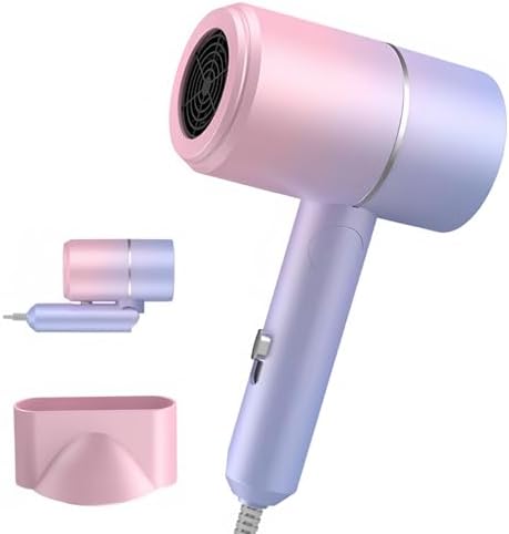Foldable Ionic Hair Dryer with Diffuser, 800W Fast Drying Blow Dryer, 38000 RPM, Lightweight, Pink Blue, for Home & Travel (Pink Blue) by Unknown
