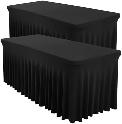 Shillance 2 Packs Black Spandex Table Covers 6 Foot, Fitted Stretch Table Cloth with Skirts 72x30 Inch, Wrinkle-Free Floor Length Rectangle Tablecloths for Trade Show Weddings Parties Banquets Events by Shillance