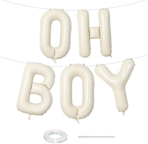 Large Beige Oh Boy Balloons, 40 Inch Cream White Sand OH BOY Balloon Letters with Ribbon, Neutral Ivory Alphabet Oh Boy Balloon for Baby Kid Boys Birthday Baby Shower Gender Reveal Party Decorations by Lingqiang