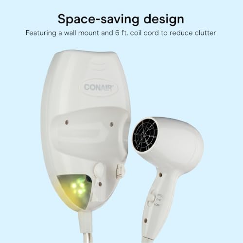Conair Wall Mount Hair Dryer, Built-In LED Night Light, 1600W, White - Image 6
