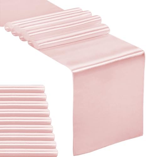 10-Pack Satin Table Runner Rose Gold 12 x 108 inches Long, Table Runners for Wedding, Birthday Parties, Banquets Decorations（10 Pack, 12x108 Inch, Rose Gold） by Hahuho