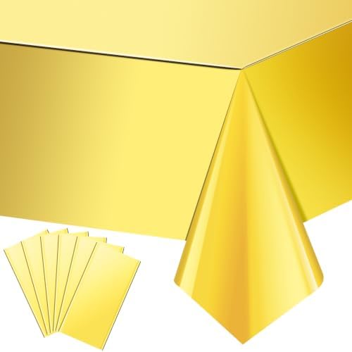 6 Pack Gold Plastic Tablecloth, Disposable Rectangle Table Covers, Holographic Metallic Foil Tablecloth Gold Party Supplies Decorations for Birthday Graduation Anniversary Bachelorette, 54x108Inch by EnjoyYourFunnyParties