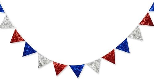 pinkblume Red Blue Silver Decorations Double Sided Sequin Fabric Triangle Pennant Banner Flag Bunting Garland for Nursery Classroom Home Bedroom Wall 4th of July American Veterans USA Holiday Decor by pinkblume