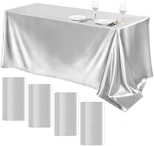 TURSTIN 4 Pack Silver Satin Tablecloth 102 x 58 Inch Overlay Table Cover by TURSTIN
