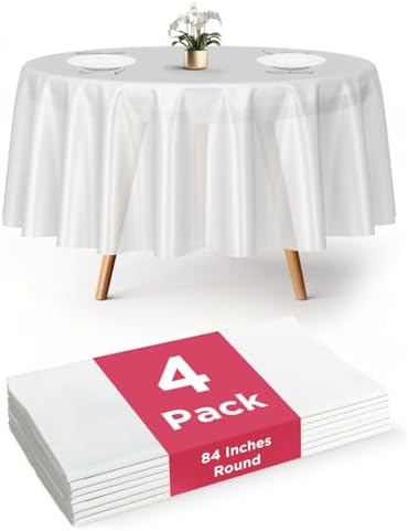 Prestee 4-Pack 84-Inch White Round Plastic Tablecloth Disposable - Durable Waterproof Table Covers for Weddings, BBQ, Parties, Outdoor Events - Elegant White Plastic Tablecloths Round for Any Occasion by Prestee