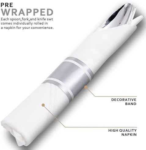 50Guests Pre Rolled Silver Plastic Silverware Sets - Heavy Duty Silver Cutlery - Include 50 Pack Wrapped Disposable Utensils with Napkins for Parties & Dinners & Weddings - Image 3