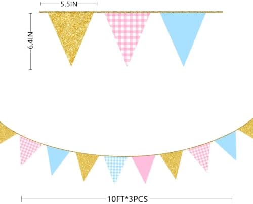 Pink and Blue Buffalo Plaid Gold Party Decorations Pennant Banner Flag Hanging Glitter Paper Triangle Bunting for Birthday Wedding Bridal Shower He or She Pink or Blue Party Supplies - Image 2