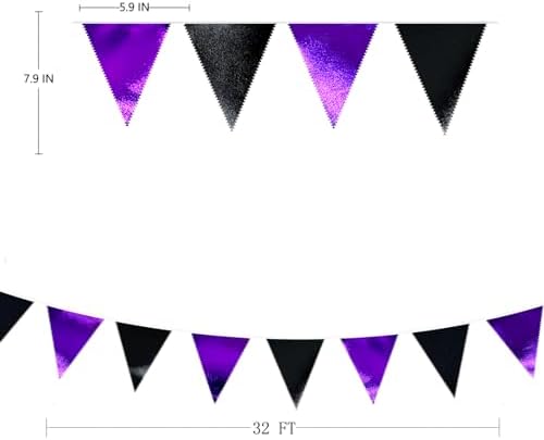 Purple and Black Party Decorations Metallic Fabric Triangle Pennant Banner Flag Bunting Garland for Graduations Birthday Retirement Wedding Baby Shower Bachelorette Halloween Outdoor Party Supplies - Image 2