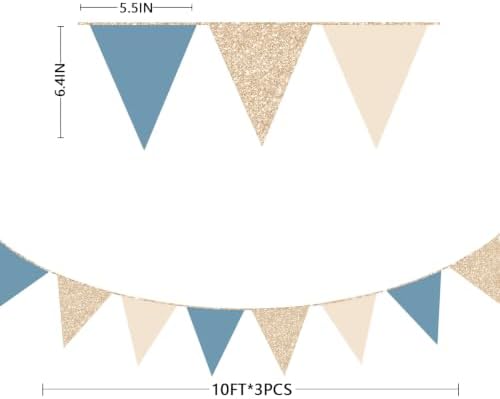 30Ft Champagne Gold Dusty Blue Beige Party Decorations Pennant Banner Flag Hanging Paper Triangle Bunting for Birthday Graduation Wedding Shower Bachelor Retirement Nautical Party Supplies - Image 2