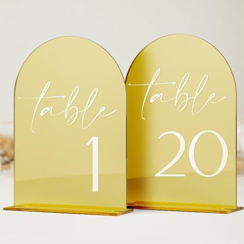 HOODO Gold Mirror Wedding Table Numbers 1-20 with Stands, 5"x7" Mirrored Acrylic Sign and Holders, Gold Acrylic Arch Table Numbers for Wedding Reception, Party, Anniversary, Event by Unknown
