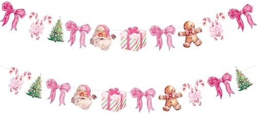 Oudain 2 Pack Pink Christmas Paper Garland 6.56 Ft Santa Gingerbread Bow by Oudain