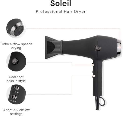 L’Ange Hair Soleil Professional Hair Dryer | Fast Drying Ionic Blow Dryer for Frizz-Free Results | 3 Heat Settings with Cool Shot Feature | Lightweight Hairdryer with Concentrator 1875W | Black - Image 2