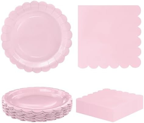 HEIPINIUYE 50 Pcs Light Pink Paper Plates and Napkins Party Supplies Include 7'' Pink Scalloped Plates and 6.5'' Paper Napkins Disposable Tableware Set for Dinner Wedding Birthday Party (Serves 25) by HEIPINIUYE