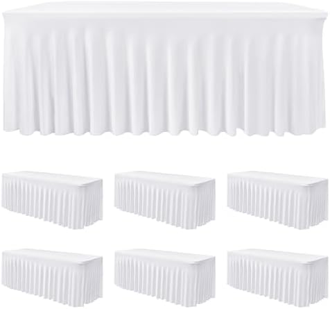 6 Pack White Spandex Table Covers 6ft Rectangle Ruffle Skirts for Party by HolidayIdeas