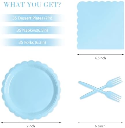 105PCS Light Blue Paper Plates & Napkins Set,7inch Scallope,with Forks - Image 2