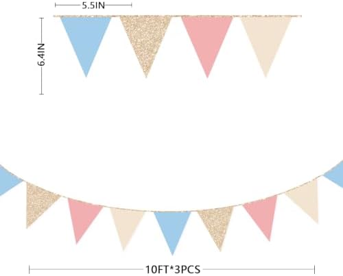Dusty Rose Pink and Blue Beige Champagne Gold Party Decorations Pennant Banner Flag Hanging Paper Triangle Bunting for Retro Birthday Bridal Shower Wedding Engagement Party Decorations Supplies - Image 2