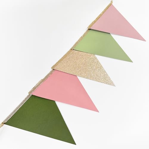 Sage Green Dusty Rose Pink Champagne Gold Pennant Banner Flag Hanging Glitter Paper Triangle Bunting for Jungle Safari Woodland Themed Birthday Wedding Wild Party Decorations Supplies - Image 4